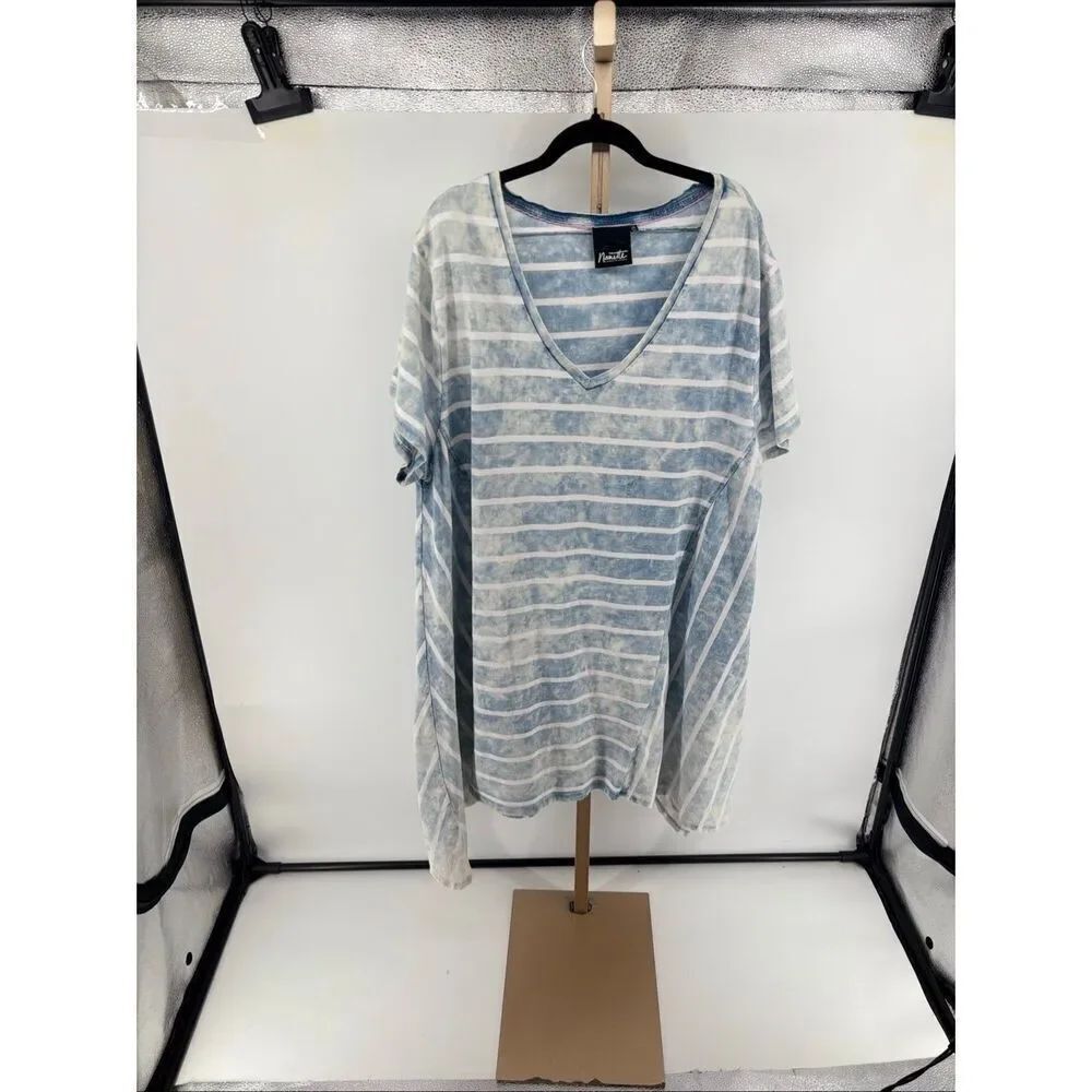 Nanette Lepore Striped V-Neck Tee Acid Wash Blue White Plus Size 3X Cotton